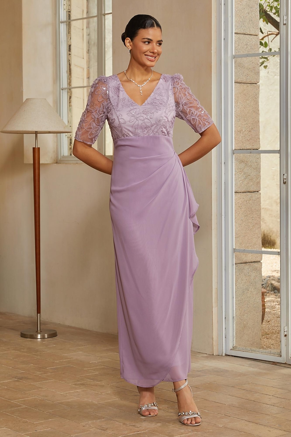 Women's Sheath Column Cocktail Dress Wedding Guest Dress Ankle Length V Neck Half Sleeve Illusion Sleeve Elegant Mother Of The Bride Semi Formal with Chiffon 3D Floral Mesh Slit Side Draping Lavender 2026 - $119.99 –P7