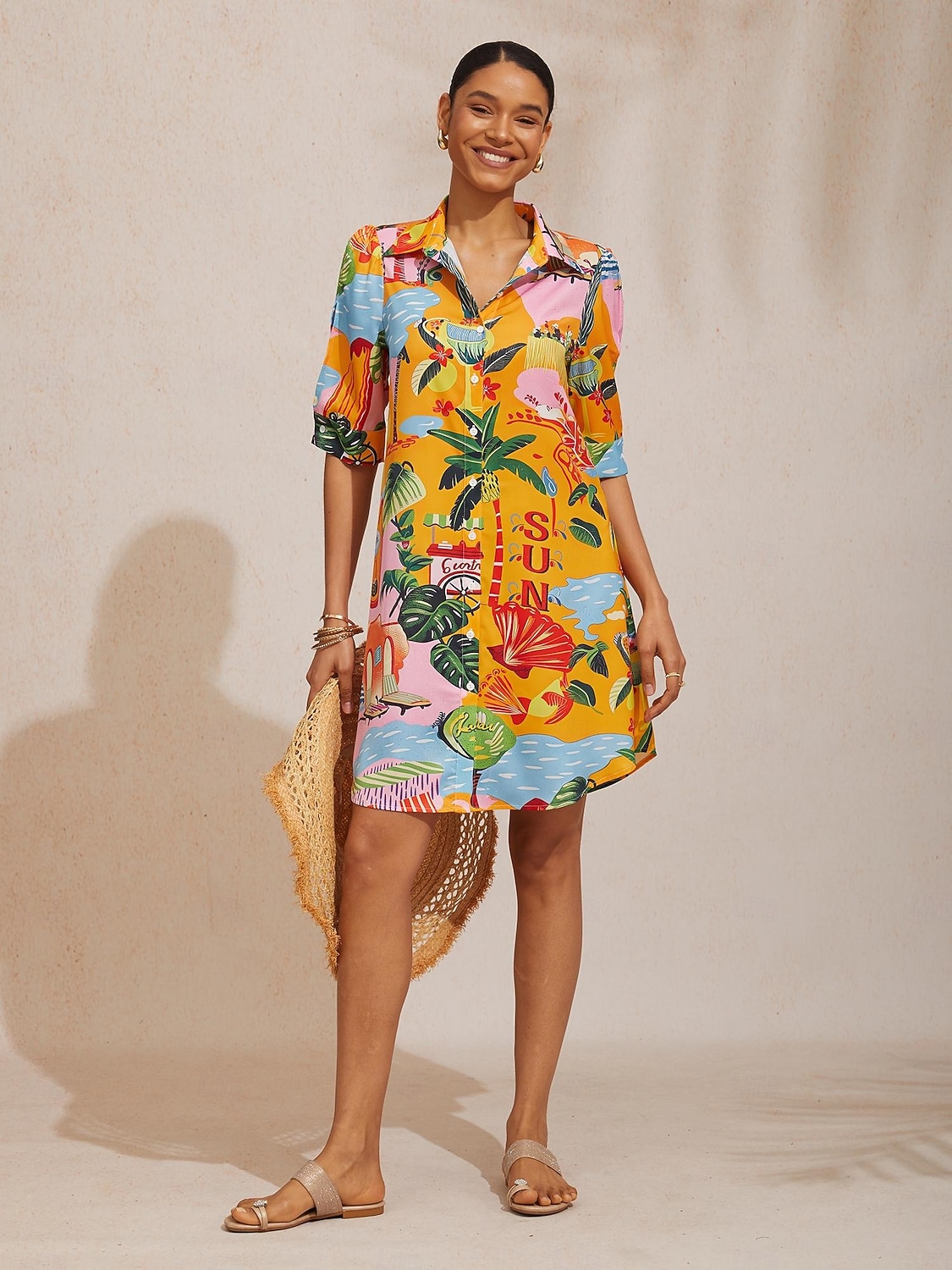 Rochie tip cămașă din satin mătăsos Summer Escape 2026 - $91.99 –P1