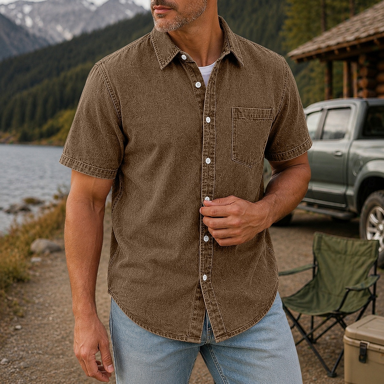 SoftFade™ Men Shirt Casual Shirt Demin Shirt Acid Wash Shirt Garment Dyed Black Light Green Burgundy Navy Blue Purple Short Sleeve Plain Shirt Collar Casual Daily Button-Down Clothing 2026 - $31.99 –P14