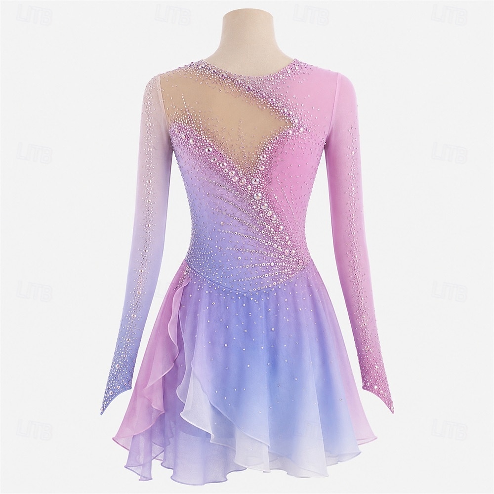 Vestido de patinaje artístico Mujer Patinaje Sobre Hielo Vestidos Rosa Retazos Dedo Pulgar Alta elasticidad Entrenamiento Competición Ropa de Patinaje Clásico Cristal / Strass Manga Larga Patinaje 2026 - $309.59 –P2