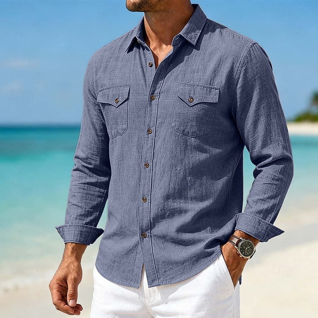 Hommes Chemise Chemise en lin Chemise d'été Tenue de plage Chemise Boutonnée Uni Occasionnel Quotidien Bleu Rose Claire bleu marine Bleu de minuit manche longue Col Printemps & Été Été Vêtement Tenue de 2026 ? $28.99 –P7