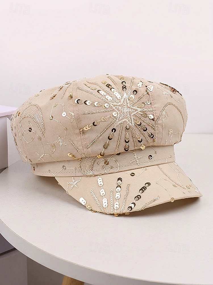 Zomerse pet met pailletten en sterrenmotief voor dames, gemaakt van ademend mesh. &linnenmix, resort &Platte reishoed, champagne goudbeige/wit/zwart, elegante dameshoed 2026 - $14.99 –P8