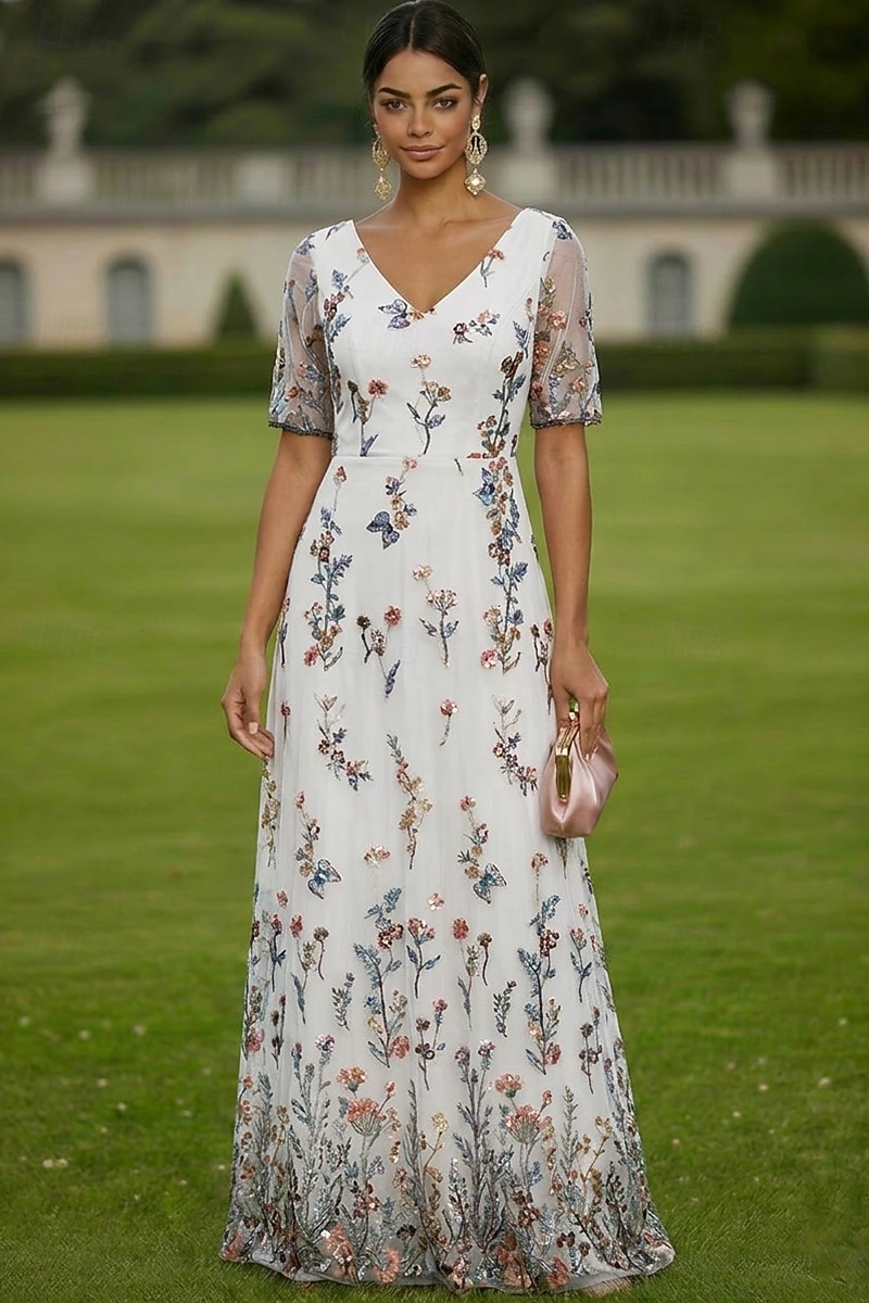 Linea ad A Abito Lunghezza al pavimento Vestito maxi Vestito da Festa Abito da Cocktail Abito da cerimonia per signora Manica Corta Scollo a V Elegante Vintage Lussuoso Formale Ospite di nozze Derby del 2026 a $182.99 –P6