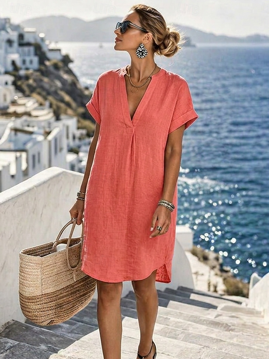 Women's Knee Length Dress Linen Dresses Vintage Daily Slim Plain Short Sleeve V Neck Khaki Red Orange Summer 2026 - $14.49 –P7