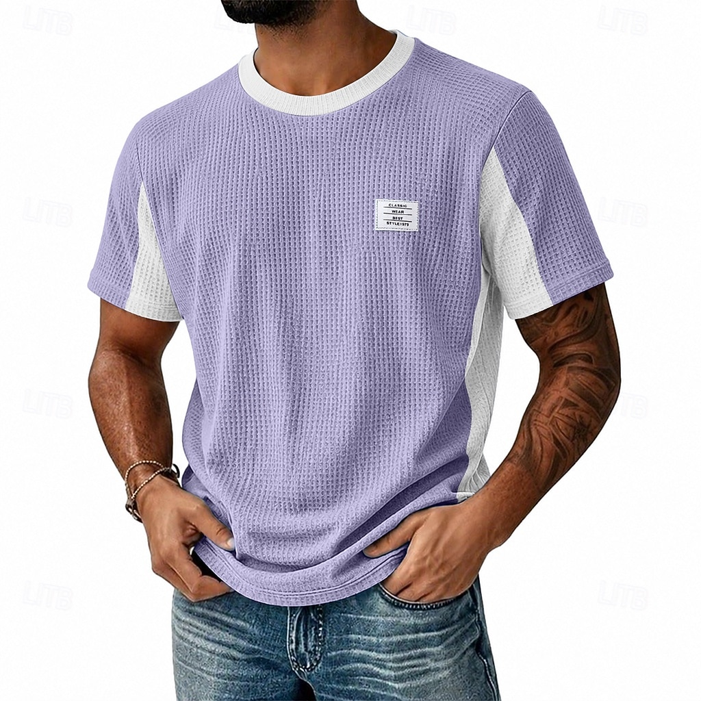 Men's Waffle T-shirt Tee Top Short Sleeve Crew Neck Summer Spring All Seasons Solid Color Fashion Designer Casual Color Block Casual Daily Outdoor Light Blue Black Light Green Top Tee for Men 2026 - $22.99 –P4