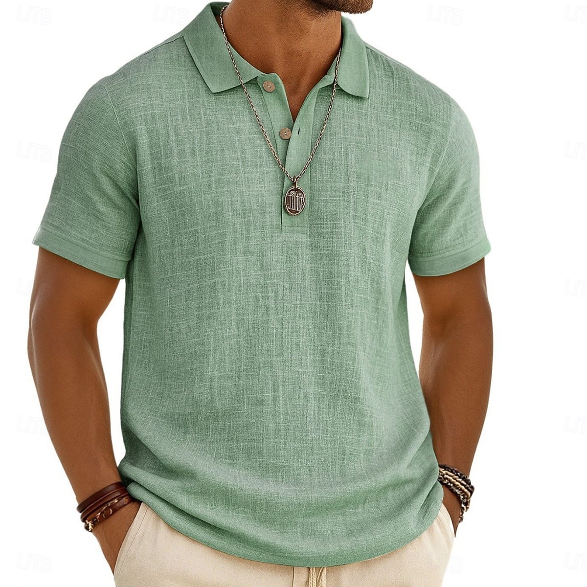Voor heren Linnen overhemd Poloshirts Casual Vakantie Klassiek Korte mouw Modieus Effen Kleur Knop Zomer Lente Normale pasvorm Wit Zwart Lichtgroen Grijs Marineblauw Groen Linnen overhemd 2026 - $26.99 –P5