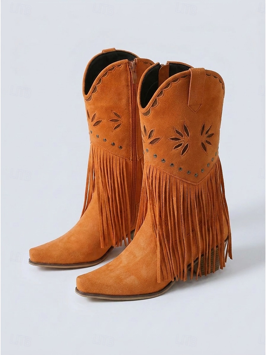 Botas vaqueras de mujer estilo western con flecos, botas beige bordadas a media pantorrilla con tacón grueso para festivales de música al aire libre, conciertos country y fiestas bohemias. 2026 - $84.99 –P3