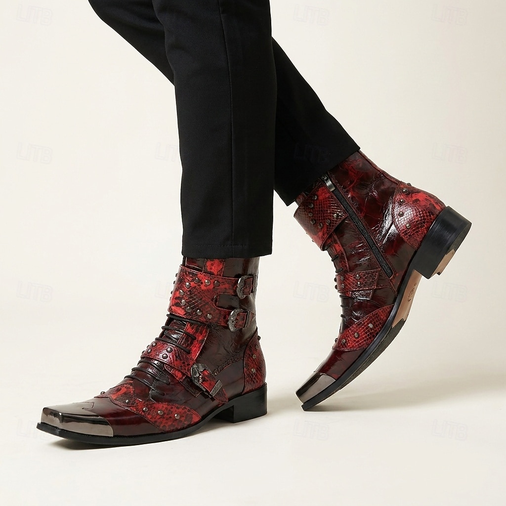 Men's Red Western Biker Boots – Exotic Buckle Ankle Boots, Vintage Cowboy Footwear for Motorcycle Riding, Concerts, Music Festivals and Nightlife 2026 - $149.99 –P3