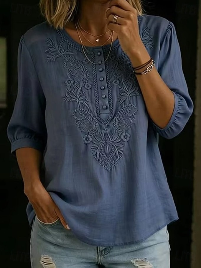 Women's Shirt Eyelet Top Boho Shirt Lace Shirt Lace Embroidered Elegant Bohemia Vacation 3/4 Length Sleeve Long Tops Casual Blue White Yellow Orange Brown Summer Spring 2026 - $24.99 –P11