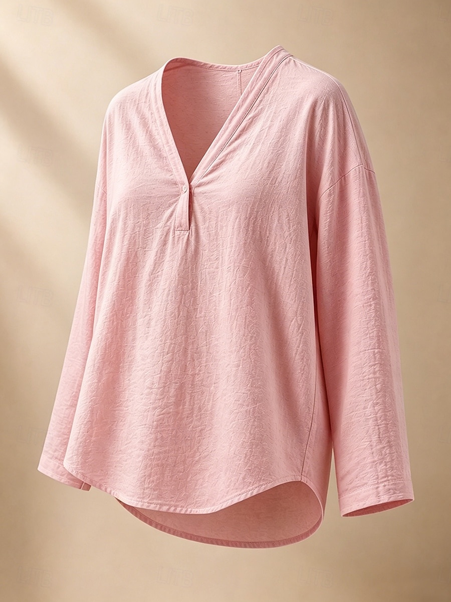 Women's Shirt Linen Shirts Blouse Solid Color Vintage Stylish Modern Long Sleeve V Neck Regular Tops Daily Holiday Going out White Pink Sky Blue Spring Fall 2026 - $25.99 –P2