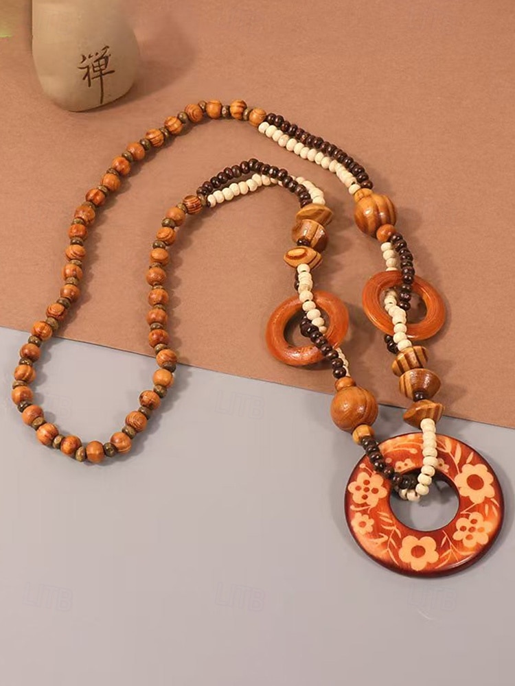 Colar feminino boêmio com pingente de madeira, longo, com contas, estilo statement, com pingente de elefante, peixe e flores. Joia artesanal em madeira, ideal para férias, praia, festivais, viagens e de 2026 por $11.99 –P6