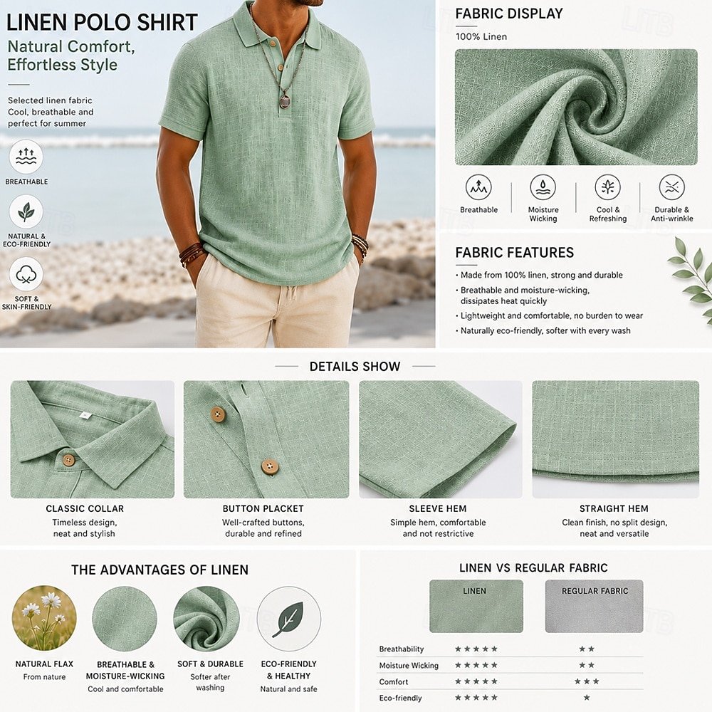 Voor heren Linnen overhemd Poloshirts Casual Vakantie Klassiek Korte mouw Modieus Effen Kleur Knop Zomer Lente Normale pasvorm Wit Zwart Lichtgroen Grijs Marineblauw Groen Linnen overhemd 2026 - $26.99 –P2