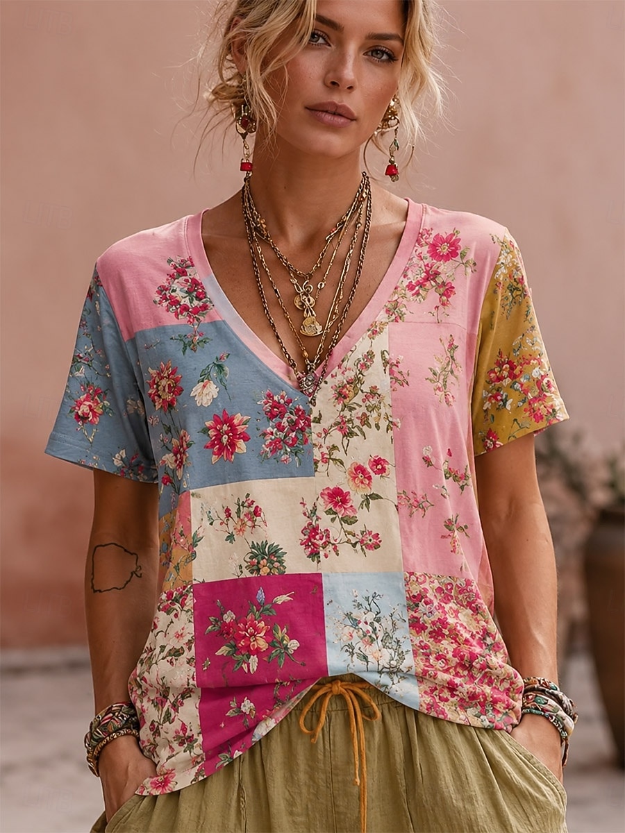 Mujer Camiseta bohemia Tops de verano Floral Graphic Plantas Elegante Bohemia Vintage Manga Corta Escote en Pico Tops regulares Casual Diario Deportes Azul Piscina Rosa albaricoque Rosa Verano 2026 - $21.99 –P4