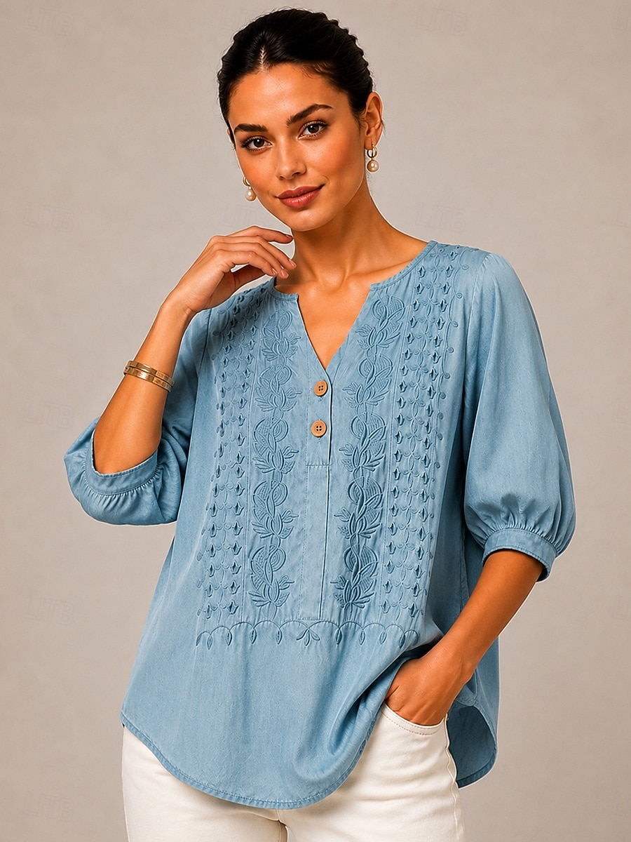 Per donna Camicia Top con cuciture in pizzo Ricamato Floreale Elegante Bohemien Etnico Manica 3/4 Scollo a V Top lunghi Casuale Quotidiano Uscire Blu Arancione Verde Primavera Autunno del 2026 a $24.99 –P3