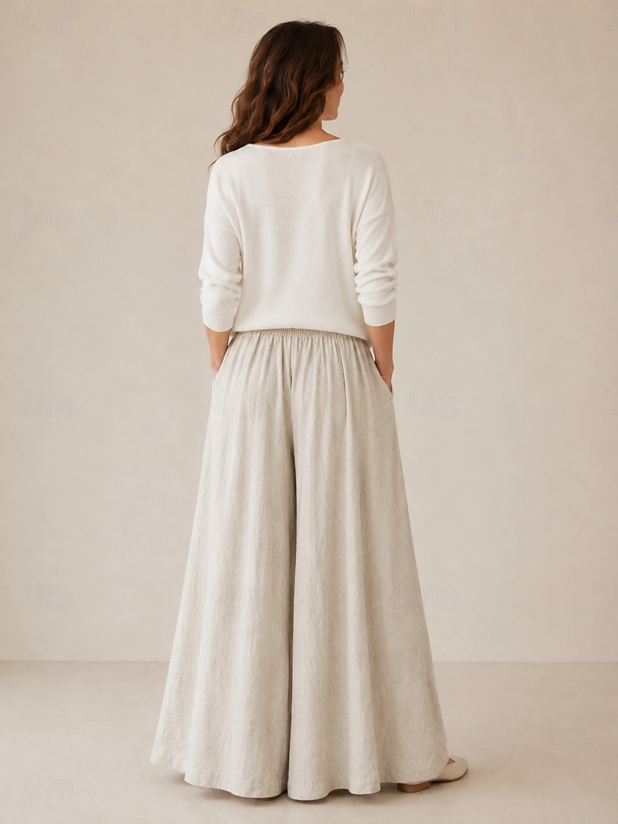 Damen-Leinenhose mit weitem Bein, mittelhoher Bund, durchgehende Taschen, elastischer Bund, Vintage-Stil, Resort-Look, lässig, Reisweiß 2026 - $45.99 –P4