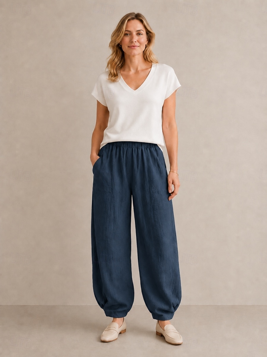 Pantalon bloomer en lin pour femme, taille mi-haute, longueur cheville, poche, ceinture élastique, idéal pour les vacances de 2026 ? $49.99 –P7