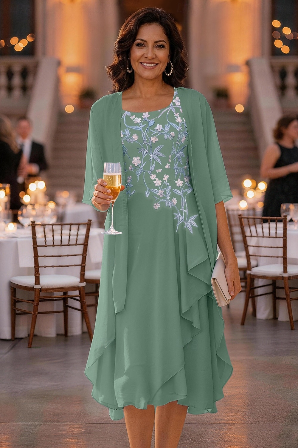 Două Piese Linia -A Asimetric Lungime Genunchi Rochie Mama Miresei Manșon Jumate Scoateți gâtul Elegant Simplu Casual Oficial Invitat la nunta Concediu Șifon Șal Inclus cu Imprimeu Floral Pliuri 2026 - $81.99 –P1