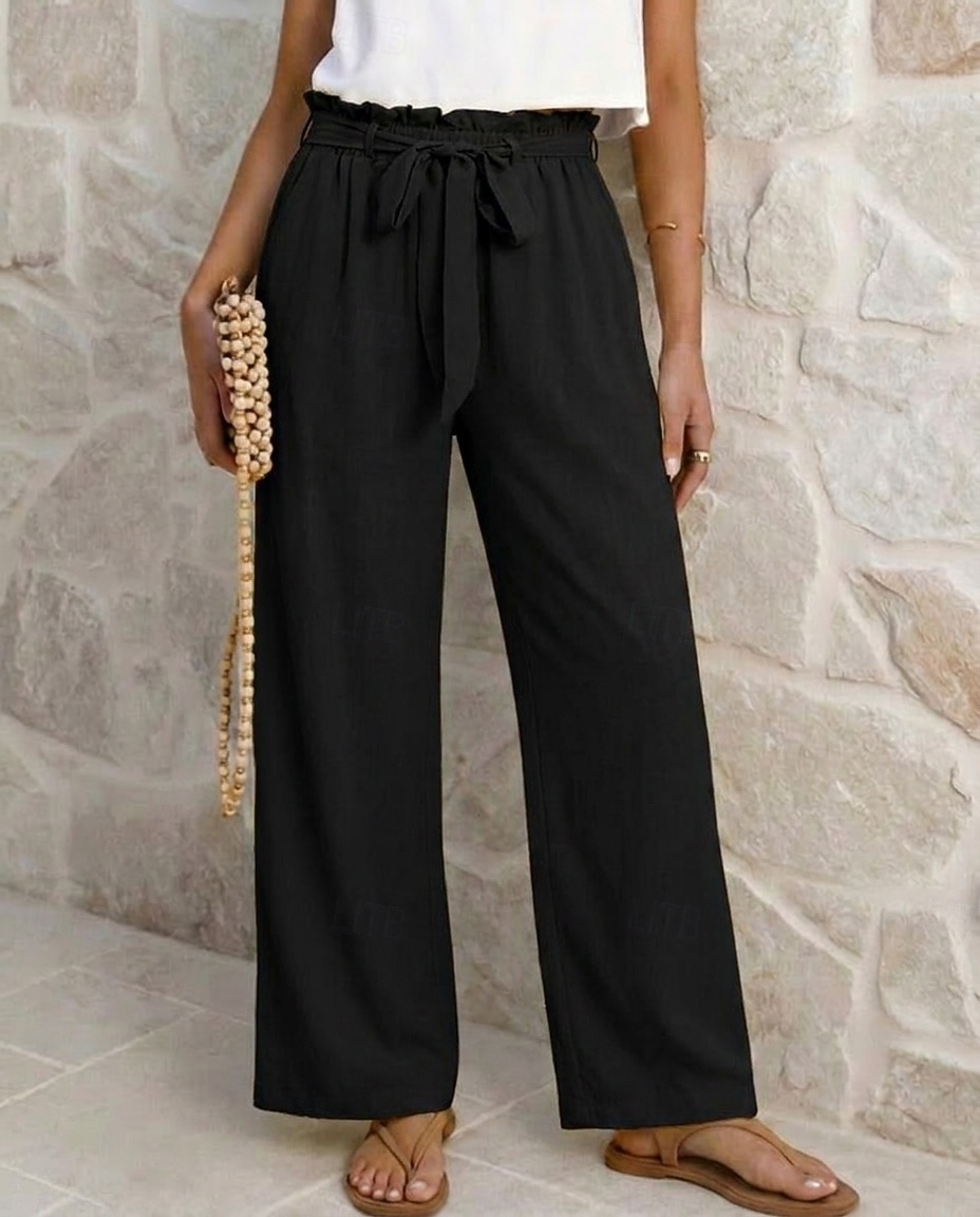 Women's Wide Leg Vacation Lounge Pants Long High Waist Plain Tie Comfortable Micro-elastic Vacation Black Yellow Pink Blue Summer Spring Loose Fit 2026 - $34.99 –P5
