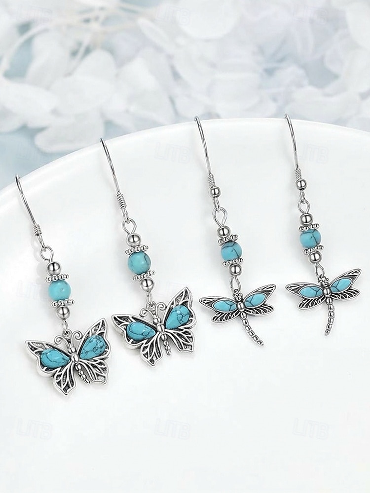 Set di orecchini pendenti da donna con libellula turchese e farfalla, orecchini vintage in lega stile boho, gioielli ispirati alla natura per vacanze estive, feste in giardino, festival, regalo del 2026 a $11.99 –P6