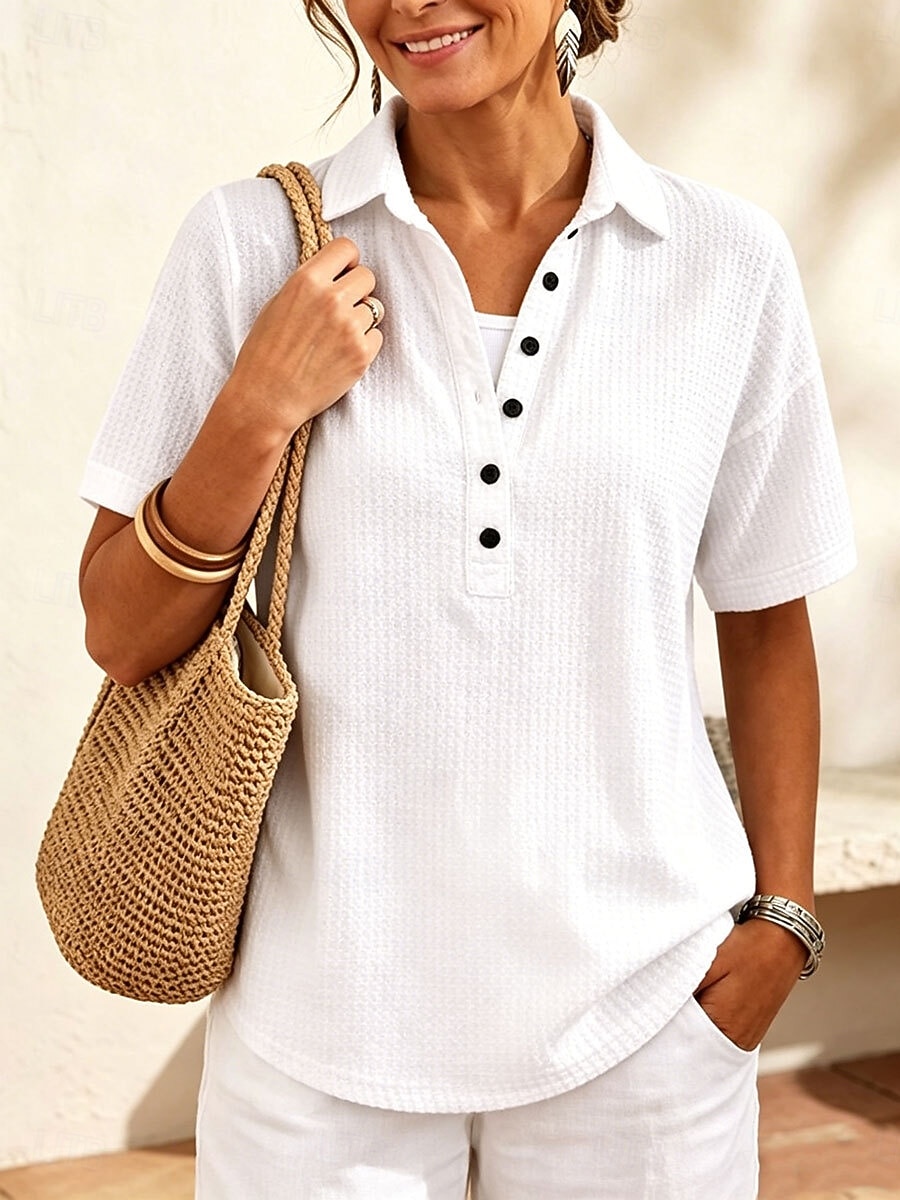 Women's Waffle T-shirt Polo Henley Shirt Buttons Solid Color Plain Vintage Stylish Classic Short Sleeve Shirt Collar Long Tops Casual Daily Blue White Black Pink Red Summer Spring 2026 - $27.99 –P3