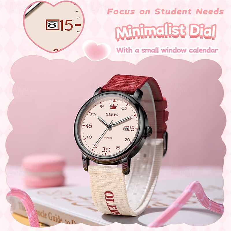 Olevs dameshorloge in roze, schattig analoog quartz polshorloge met datumweergave, casual modieus meisjeshorloge met ademende nylon band, waterdicht tot 30 meter, verjaardagscadeau voor tienermeisjes 2026 - $35.99 –P4