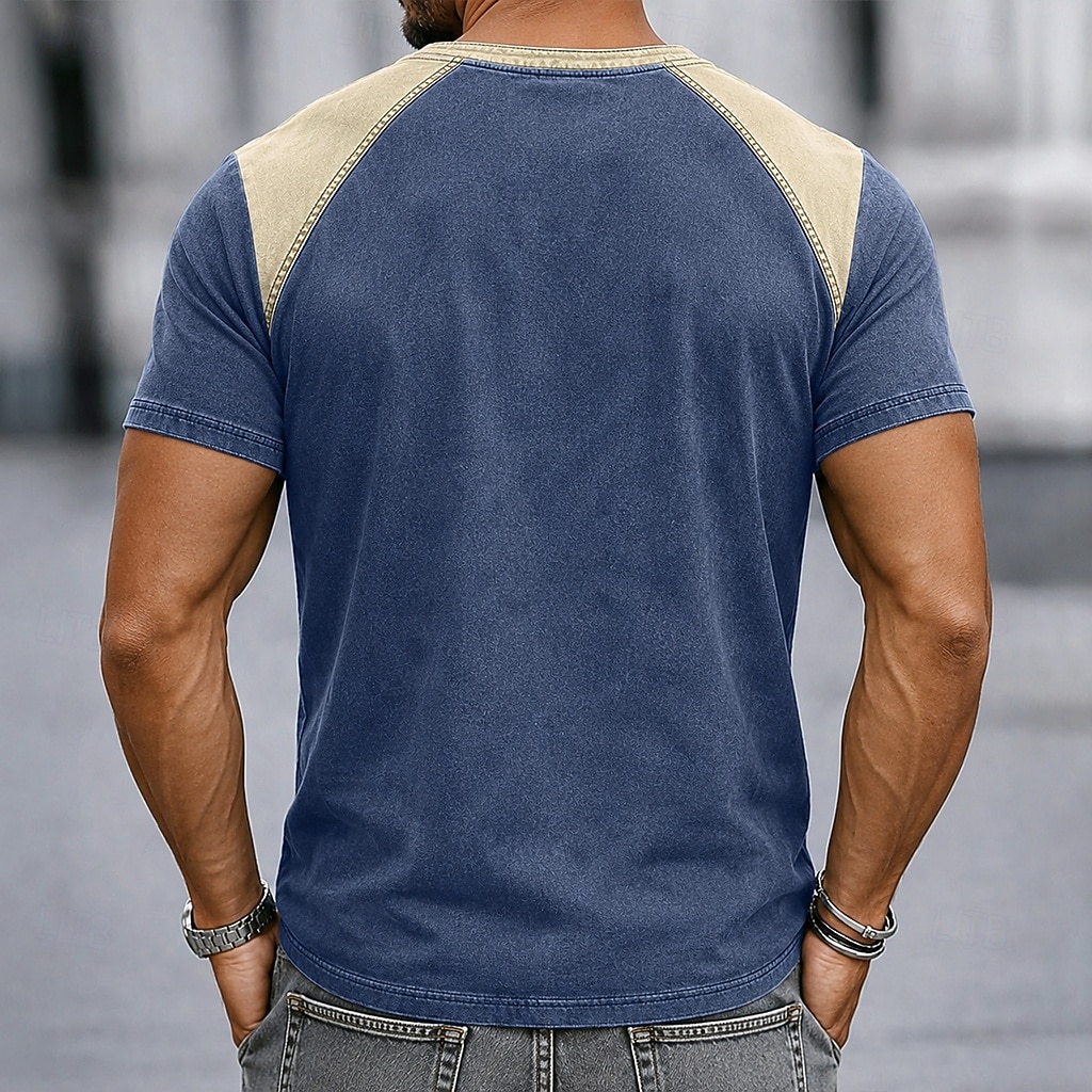 Men's T Shirt Henley Shirt 100% Cotton Acid Wash Shirt Tee Top Short Sleeve Plain Vintage Streetwear Casual Color Block Garment Dyed Raglan Sleeves Henley Casual Home Street Fall & Winter Summer 2026 - $35.99 –P3