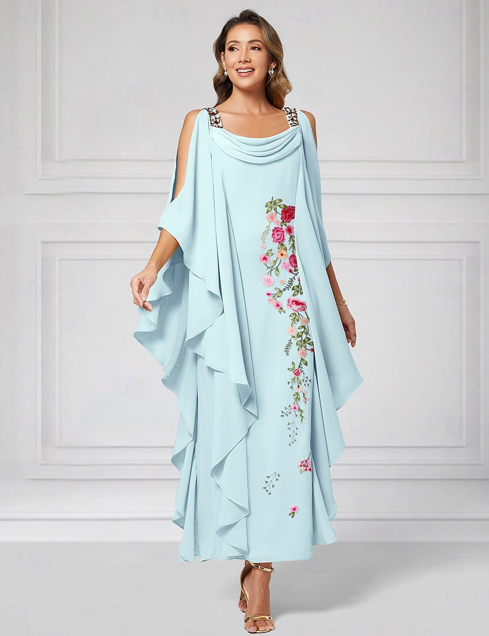 Linjeform Gulvlengde Festkjole Cocktail Kjole Gjestekjole til bryllup Kjole til brudens mor Halvlange ermer Besmykket Elegant Plusstørrelse Bryllupsgjest Chiffon med Perlearbeid Niveauer Fallende 2026 - $183.99 –P4