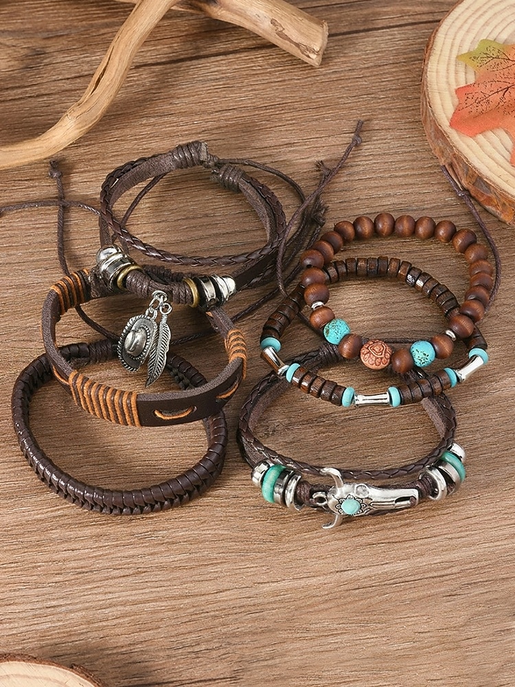 Conjunto de 6 pulseras boho de capas para hombre, con cuentas de madera. &Pulseras de aleación con dije de cabeza de toro y pluma, joyería de estilo occidental para uso casual, viajes, festivales, 2026 - $11.99 –P5