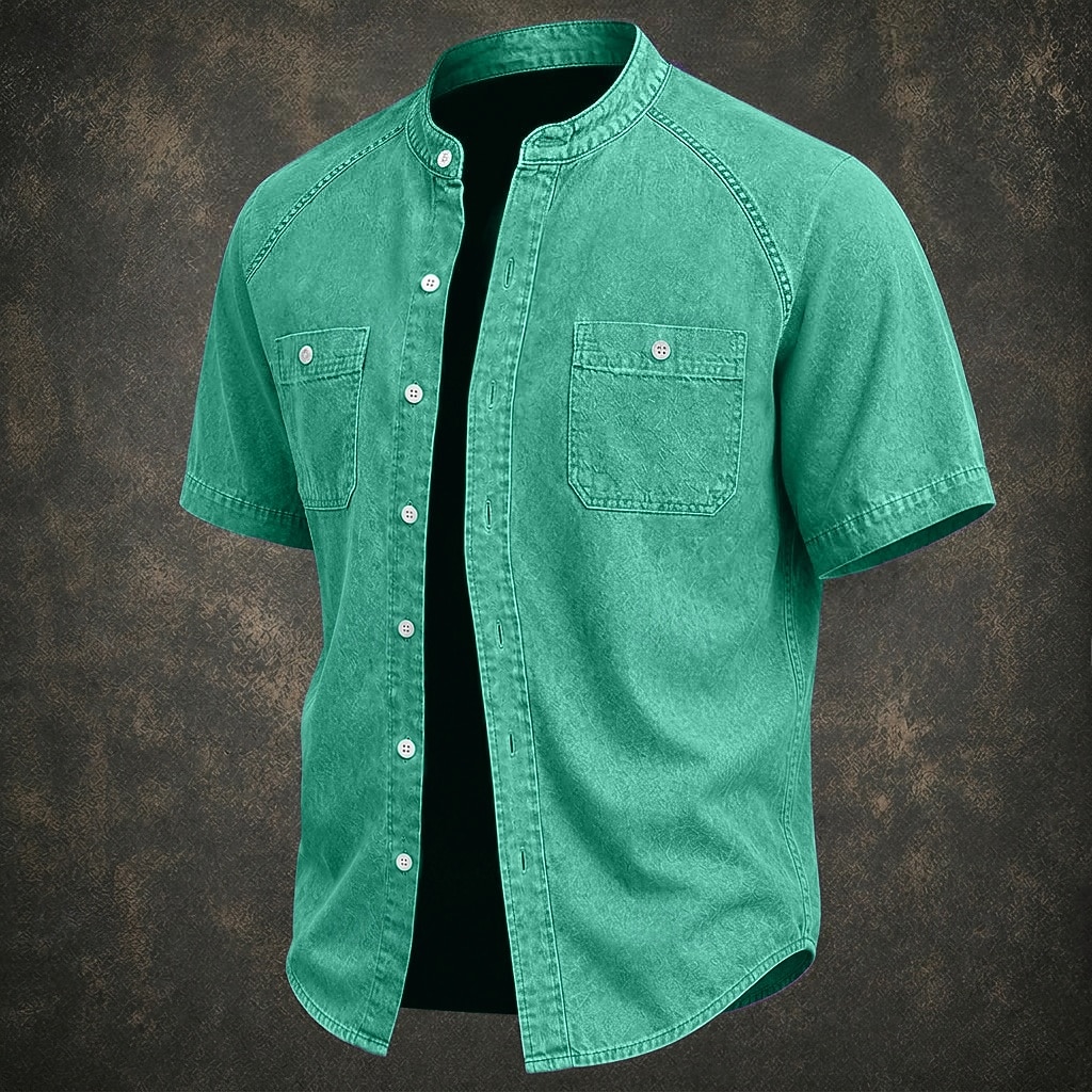 SoftFade™ Men Shirt Casual Shirt Button Up Shirt Cotton Acid Wash Shirt Black Light Green Pink Purple khaki Short Sleeve Plain Grandad Collar Casual Daily Front Pocket Clothing Apparel Elegant Fashion 2026 - $31.99 –P5