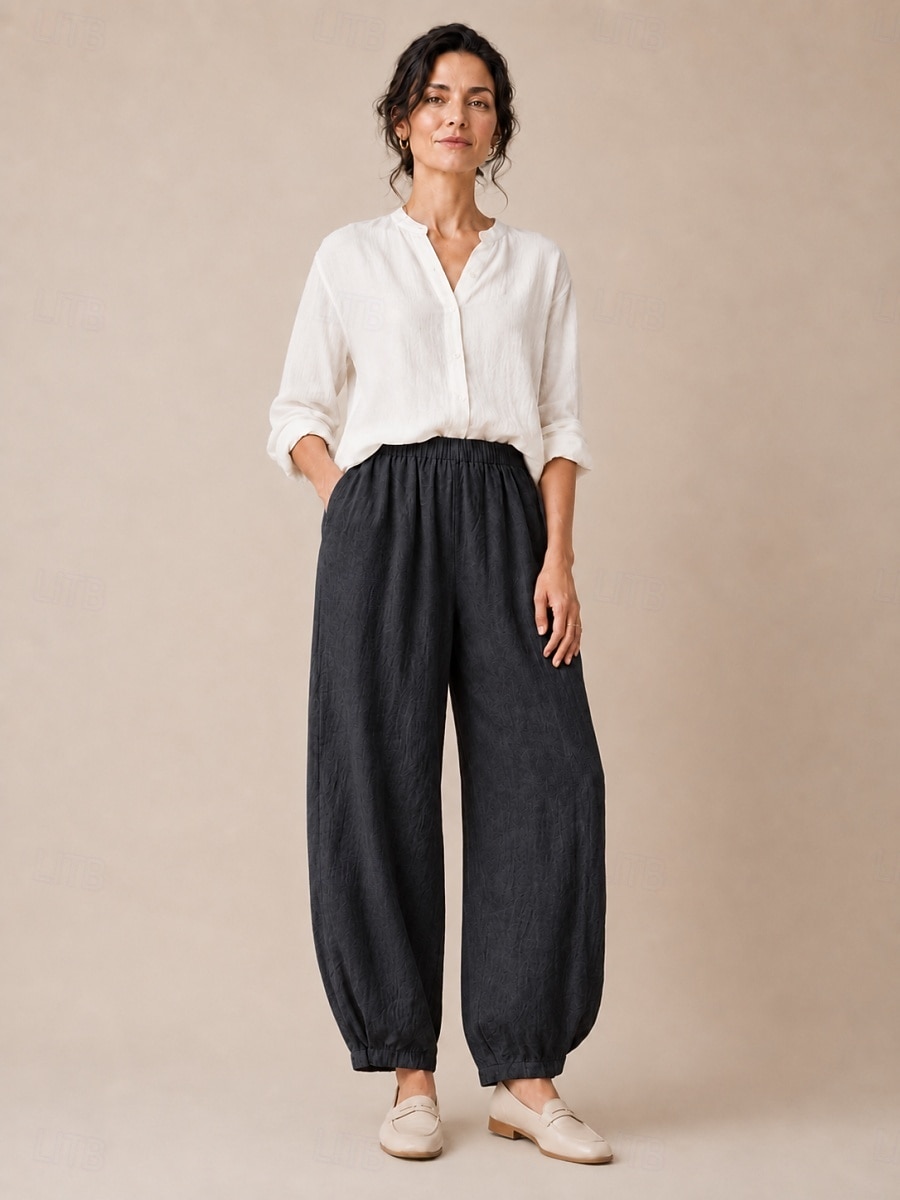 pantaloni de vară din in pentru femei, talie medie, lungime completă, buzunar, talie elastică, culoare vară, alb, negru, bleumarin închis, kaki, toamnă 2026 - $49.99 –P7