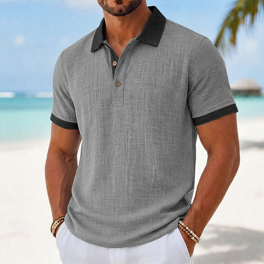 Men's Linen Shirt Polo Shirts Casual Vacation Classic Short Sleeve Fashion Solid Color Textured Color Block Buttons Summer Spring Regular Fit Light Green Green Gray Light Blue Linen Shirt 2026 - $22.99 –P5