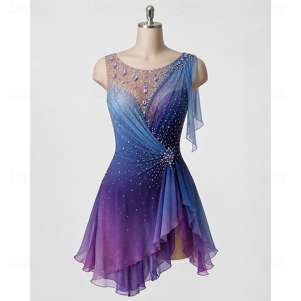 Rochie de Patinaj Artistic Pentru femei Πατινάζ στο πάγο Rochii Violet Peteci Tiv Asimetric Strech Antrenament Competiție Ținută Patinaj Clasic Cristale / Strasuri Fără manșon Patinaj pe Ghea 2026 - $338.09 –P1