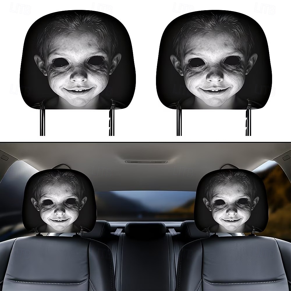 2/4 יחידות כיסויי משענות ראש למושבי רכב עם הדפס חיוך מצמרר ועיניים שחורות, מגני משענות ראש אימה, אביזרי פנים לרכב נמתחים בהתאמה אישית, ניתנים לכביסה וקלים להתקנה, קישוטי רכב ליל כל הקדושים לרכב 2026 - $16.99 –P1