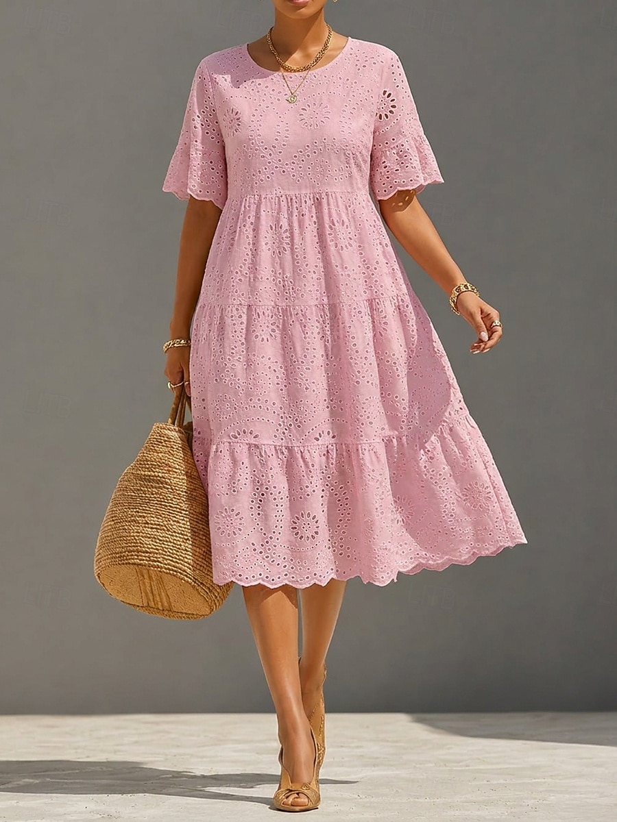 Per donna Abito Midi Abito in Pizzo Abito a trapezio Casual Quotidiano Uscire Vestibilità regolare Semplice Manica Corta Girocollo Bianco Giallo Rosa Azzurro cielo Estate Primavera del 2026 a $41.99 –P6