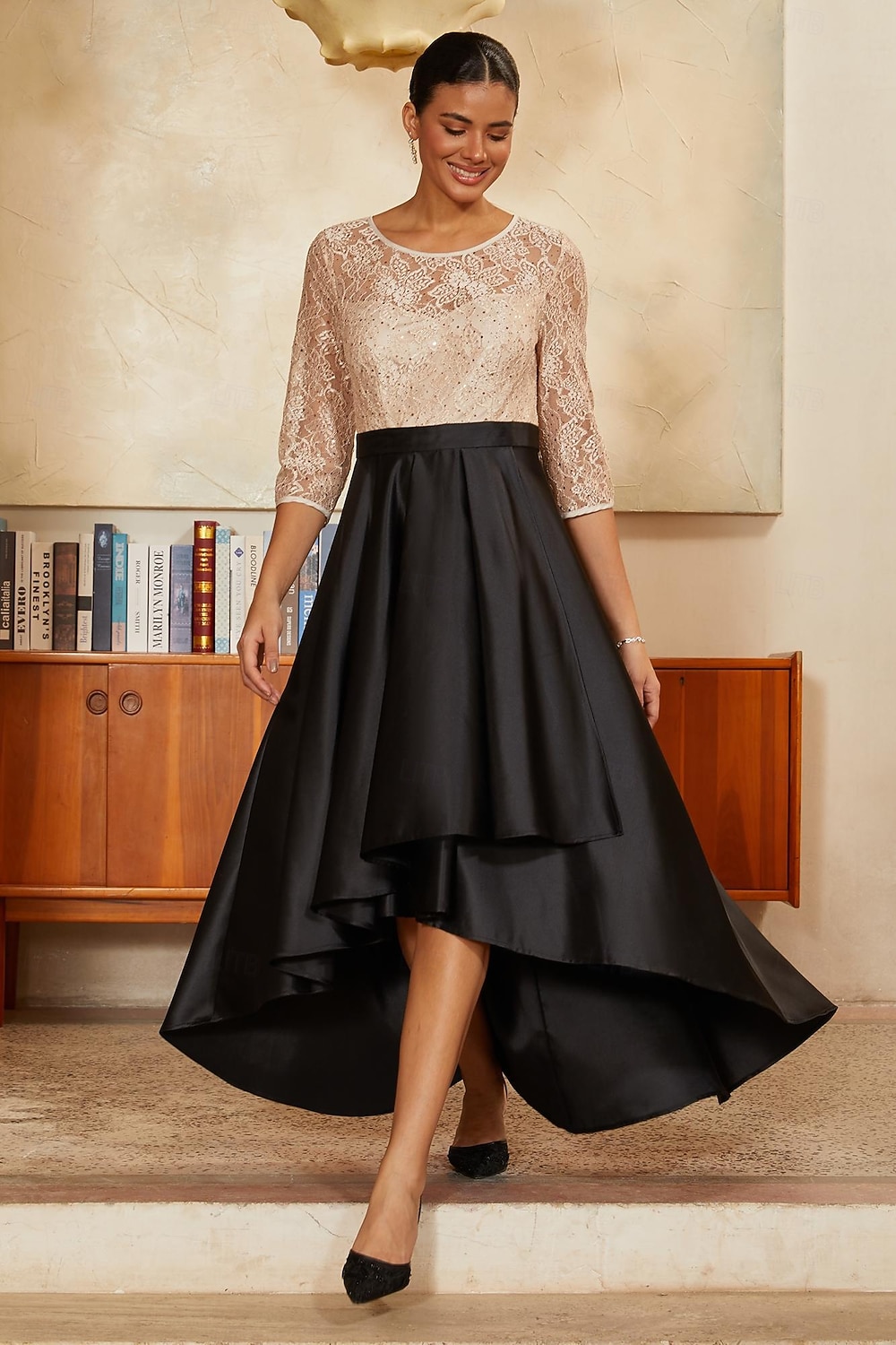 Damen A-Linie High-Low-Kleid Cocktailkleid Kleid für Hochzeitsgäste Knöchellänge Rundhalsausschnitt Dreiviertelarm Illusionsärmel Hohe Taille Elegant Mutter der Braut mit Satin Paillettenspitze 2026 - $119.99 –P1