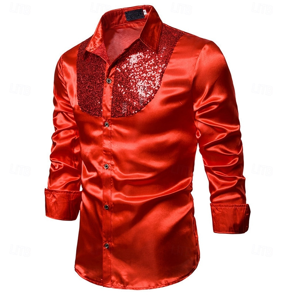 Men's Shirt Satin Shirt Dress Shirt Casual Shirt Solid Color Outdoor Work Black White Red Navy Blue Long Sleeve Turndown Summer Spring Clothing Apparel Sequins 2026 - $26.99 –P8