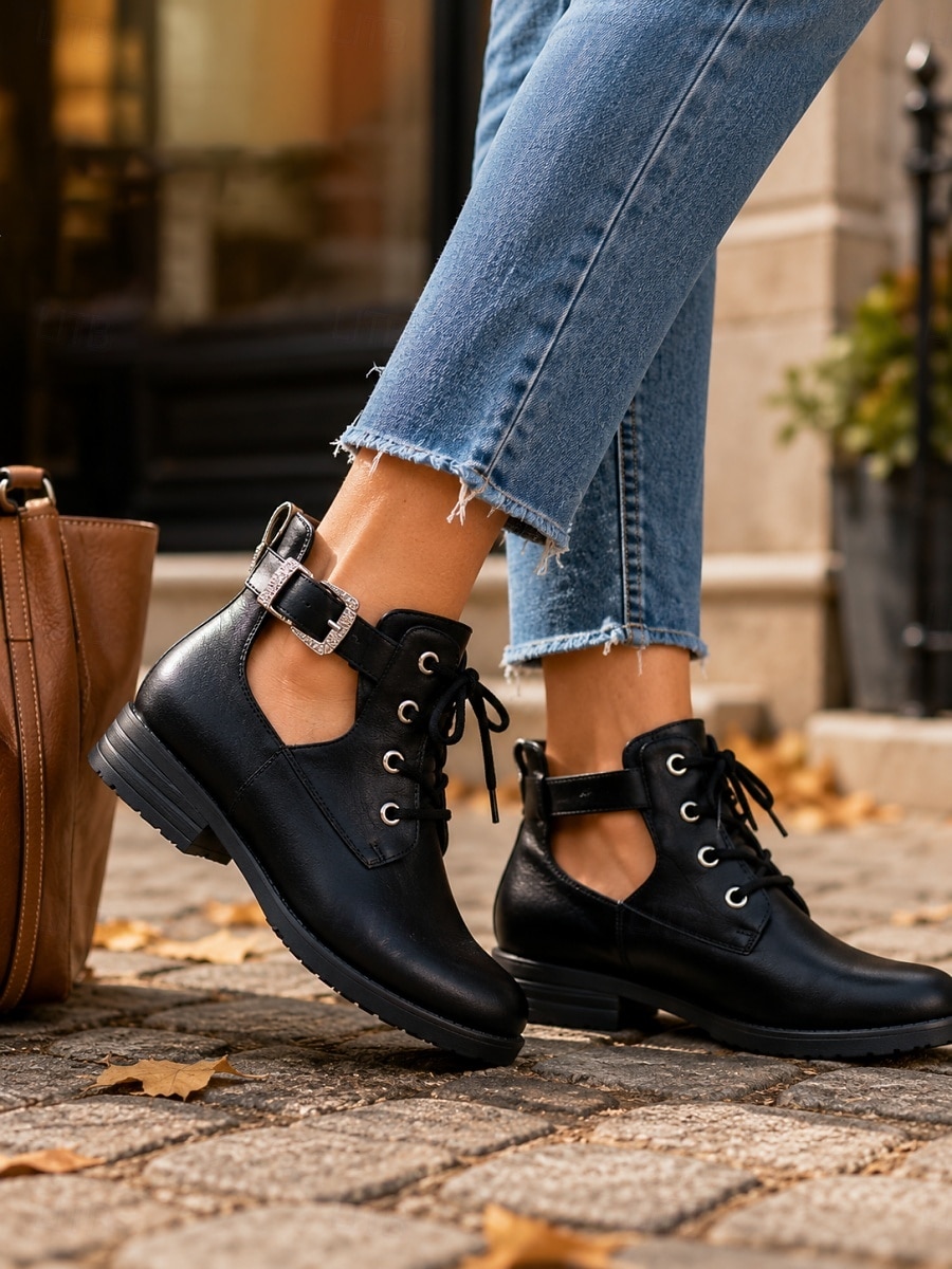 Women's Black Cutout Low Heel Combat Boots – Lace-Up Ankle Boots with Adjustable Side Buckle and Durable Non-Slip Sole for Travel and Casual Wear 2026 - $46.99 –P3