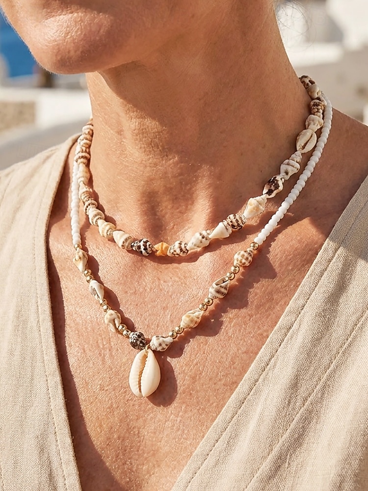 Damesketting met meerdere lagen van natuurlijke schelpen, dubbele streng strandsieraden, handgemaakte ketting met schelpen en kralen, kustachtige boho-vakantieaccessoires voor zomerreizen en cruises. 2026 - $7.99 –P2