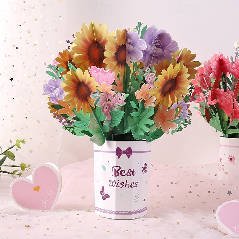 Confezione da 2 biglietti d'auguri 3D a comparsa con bouquet di fiori e girasoli &Garofani di carta in vaso per la festa della mamma, compleanno, anniversario, auguri di pronta guarigione, biglietto del 2026 a $25.99 –P5