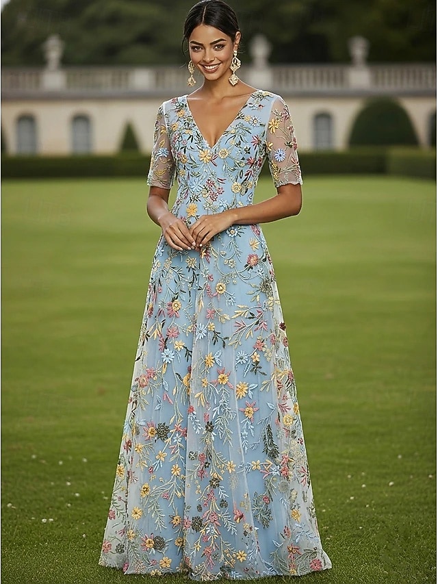 Corte A Vestidos Hasta el Suelo Vestido de Fiesta Vestido Cóctel Vestido de Madrina Media Manga Escote Elegante Vintage Lujoso Formal Invitado a la boda El derby de Kentucky Tul con Estampado flor 2026 - $182.99 –P7