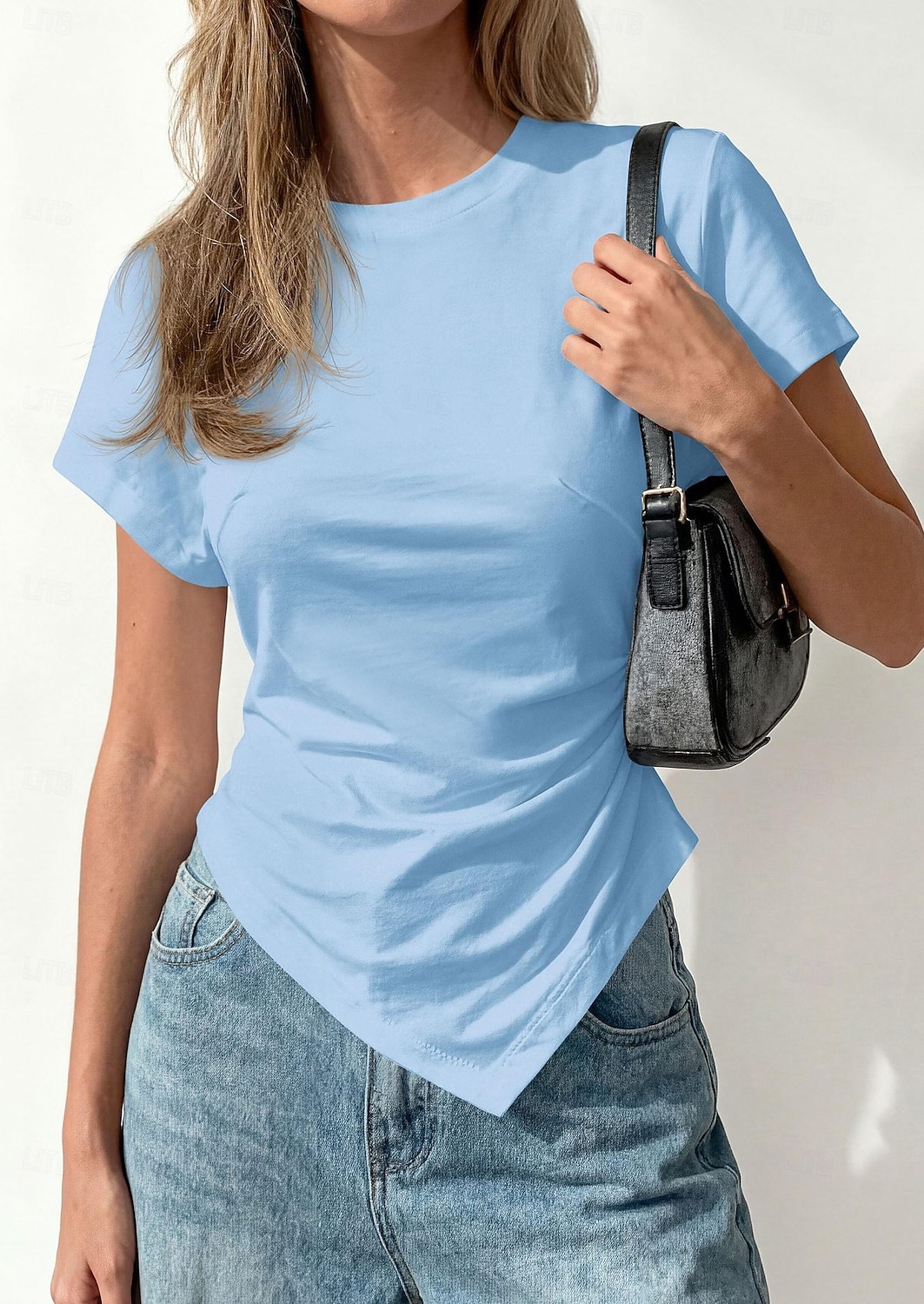 Mulheres Camisa Social Blusa Franzido Côr Sólida Roupa de rua Diário Manga Curta Gola Redonda Tops curtos Casual Azul Claro Preto Branco Rosa Marron Verão Primavera de 2026 por $22.99 –P9