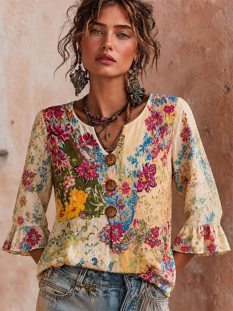 Mulheres Camisa Social Patchwork Botões Imprimir Floral Gráfico Vintage à moda Manga Curta Manga 3/4 Decote V Tops regulares Casual Diário Feriado Azul Branco Rosa Verão Primavera de 2026 por $29.99 –P4