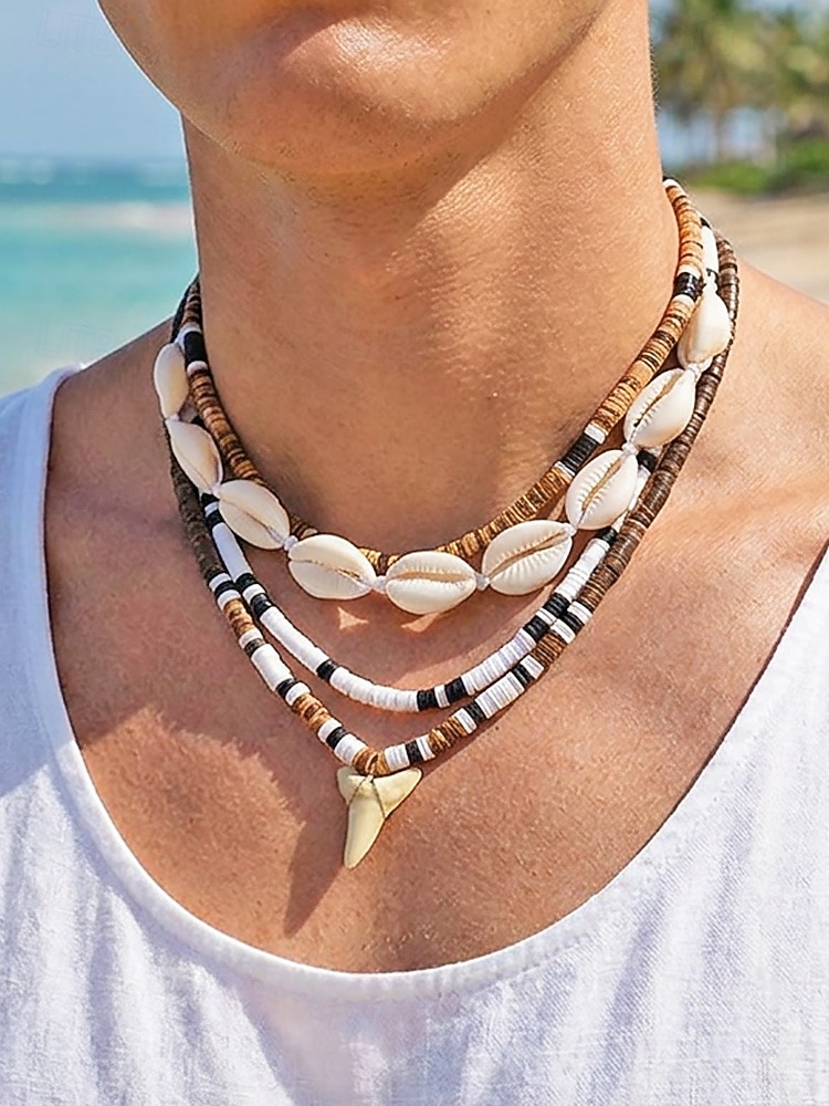 herrskal &Halsband med träpärlor i 4 delar, strandsmycken i lager med hajtandshänge, bohemiskt halsband i kustnära surfstil för semester, resor, festivaler och sommarens vardagskläder 2026 - $14.99 –P2