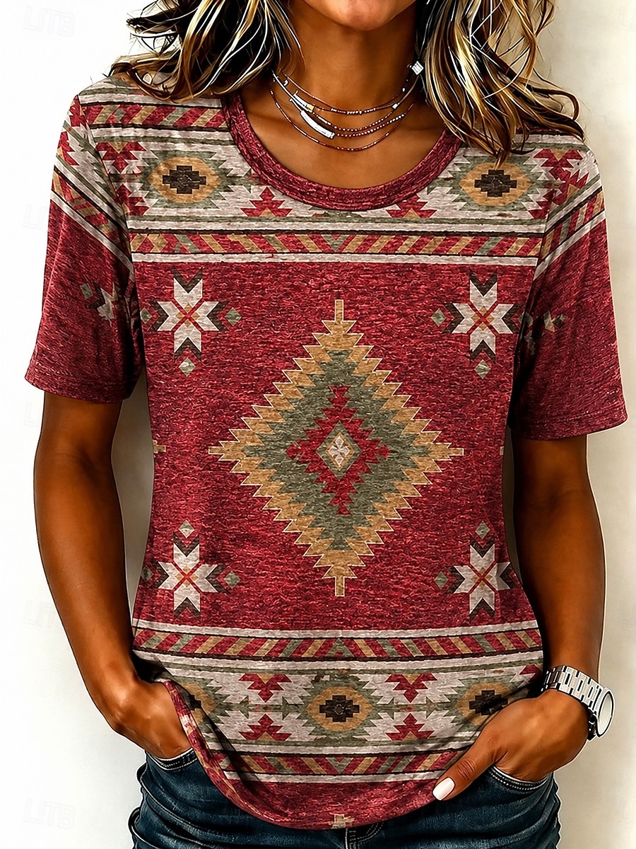 Per donna Maglietta Stampato A strisce Grafico A righe Vintage Elegante Classico Manica Corta Girocollo Top Regolari Casuale Quotidiano Cachi Rosso Marrone chiaro Estate Primavera del 2026 a $21.99 –P5
