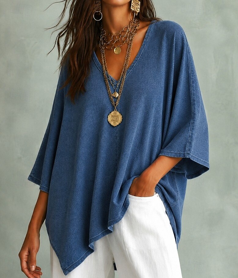 Camisa boho para mujer, estilo denim, casual, color liso, bohemia, vacaciones, uso diario, manga corta, cuello en V, crop tops, casual, diario, vacaciones, azul, negro, azul claro, verano, primavera 2026 - $28.99 –P2