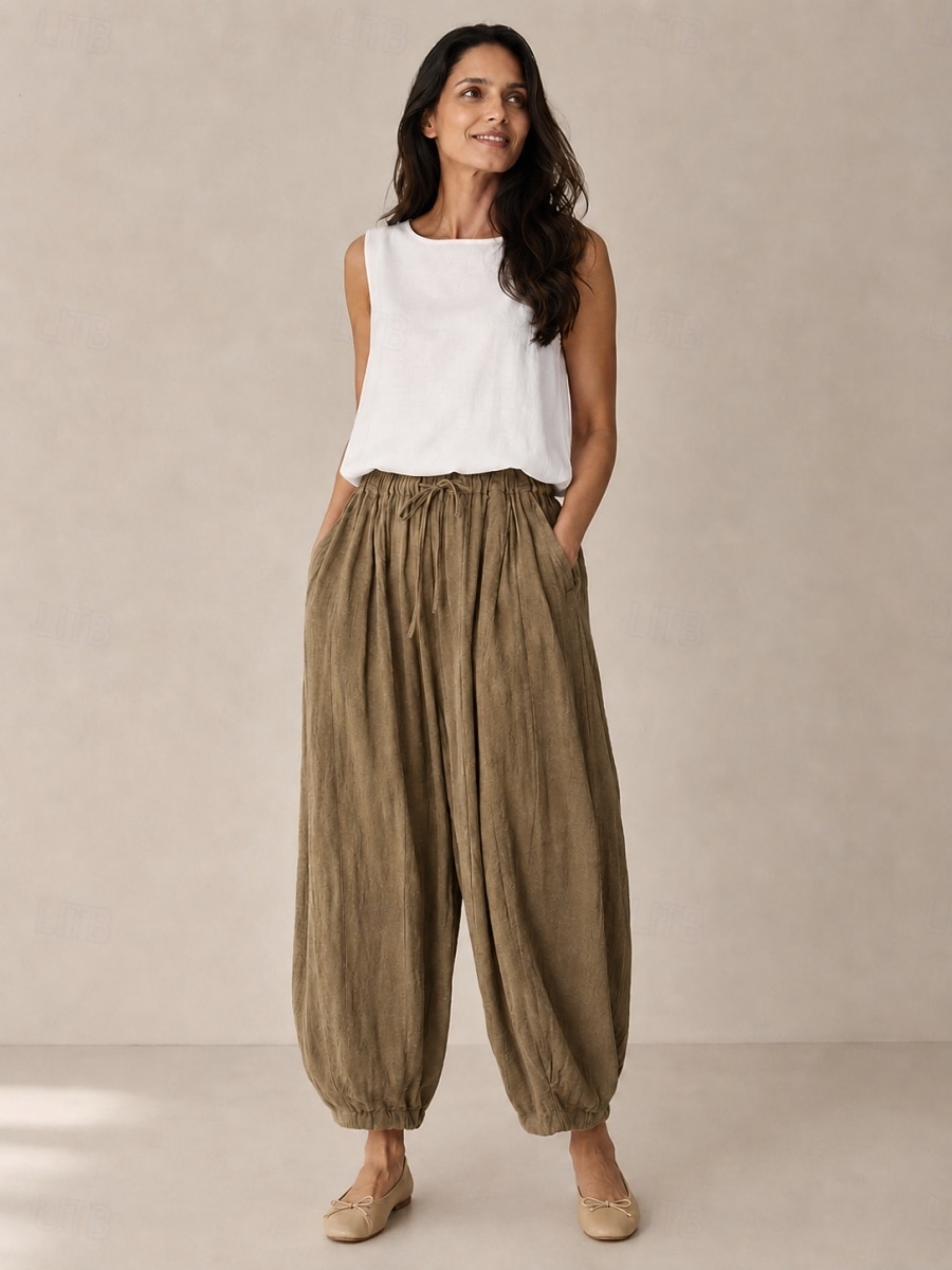 Calça lanterna feminina de linho orgânico com cintura elástica e bolsos. de 2026 por $49.99 –P7