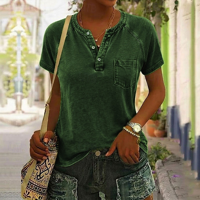 Camiseta feminina softfade™ 100% algodão estilo Henley - camiseta vintage de alta qualidade com manga curta, gola redonda e bolso. de 2026 por $27.99 –P13