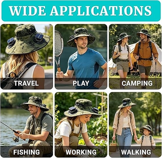 Cappello da sole a tesa larga per esterni con 2 ventole solari, cappello a secchiello per uomo e donna, protezione UPF 50+, ideale per la pesca. &Cappello da spiaggia con ventola incorporata del 2026 a $30.99 –P5