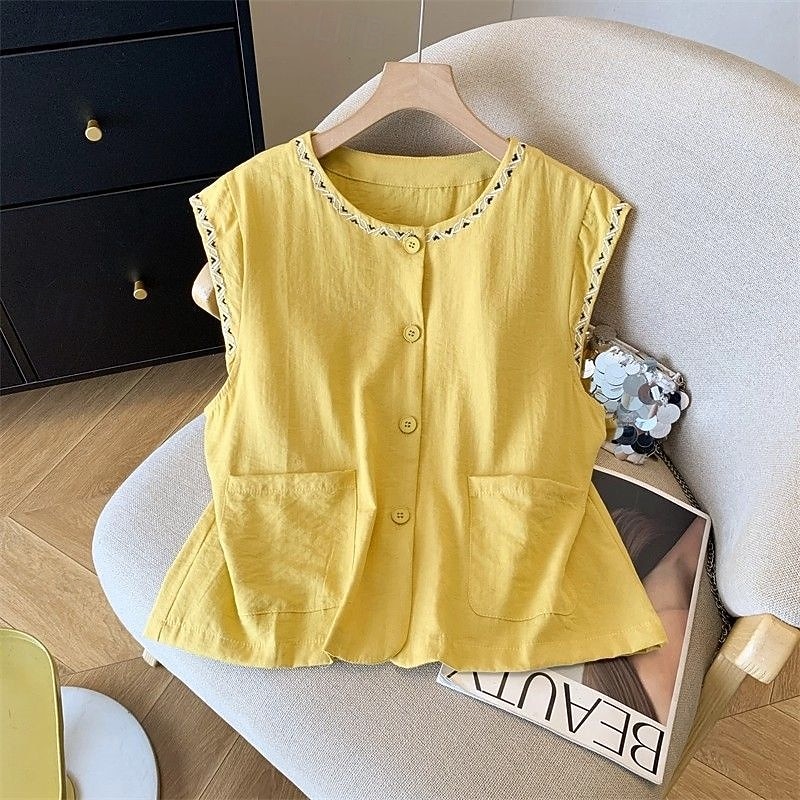 Mujer Chaleco de lino y algodón Camisa de verano Bordado Vintage Sin Mangas Cuello Barco Tops largos Casual Blanco Amarillo Azul Marino Verano Primavera 2026 - $21.99 –P13