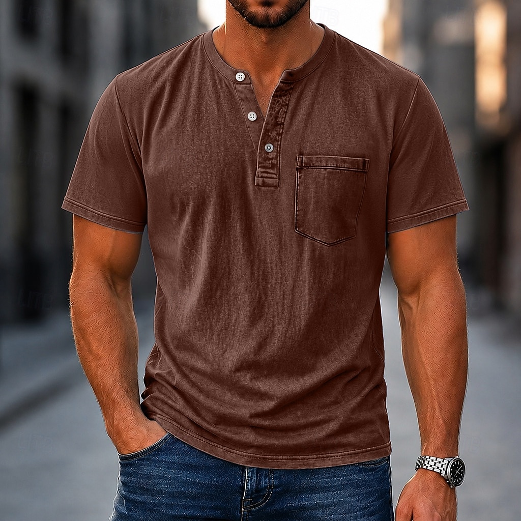 Men's Henley Shirt 100% Cotton Acid Wash Shirt T shirt Tee Short Sleeve Plain Retro Vintage Casual Distressed Vintage Style Washed Henley Casual Spring & Summer Summer Spring Black Light Green Pink 2026 - $31.99 –P14